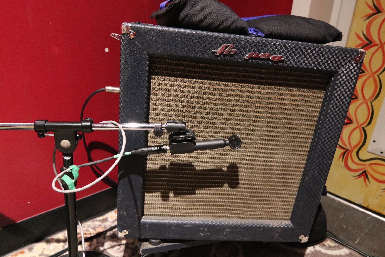 An Ampeg Portaflex bass cabinet with a single microphone set in front of it in a studio isolation room