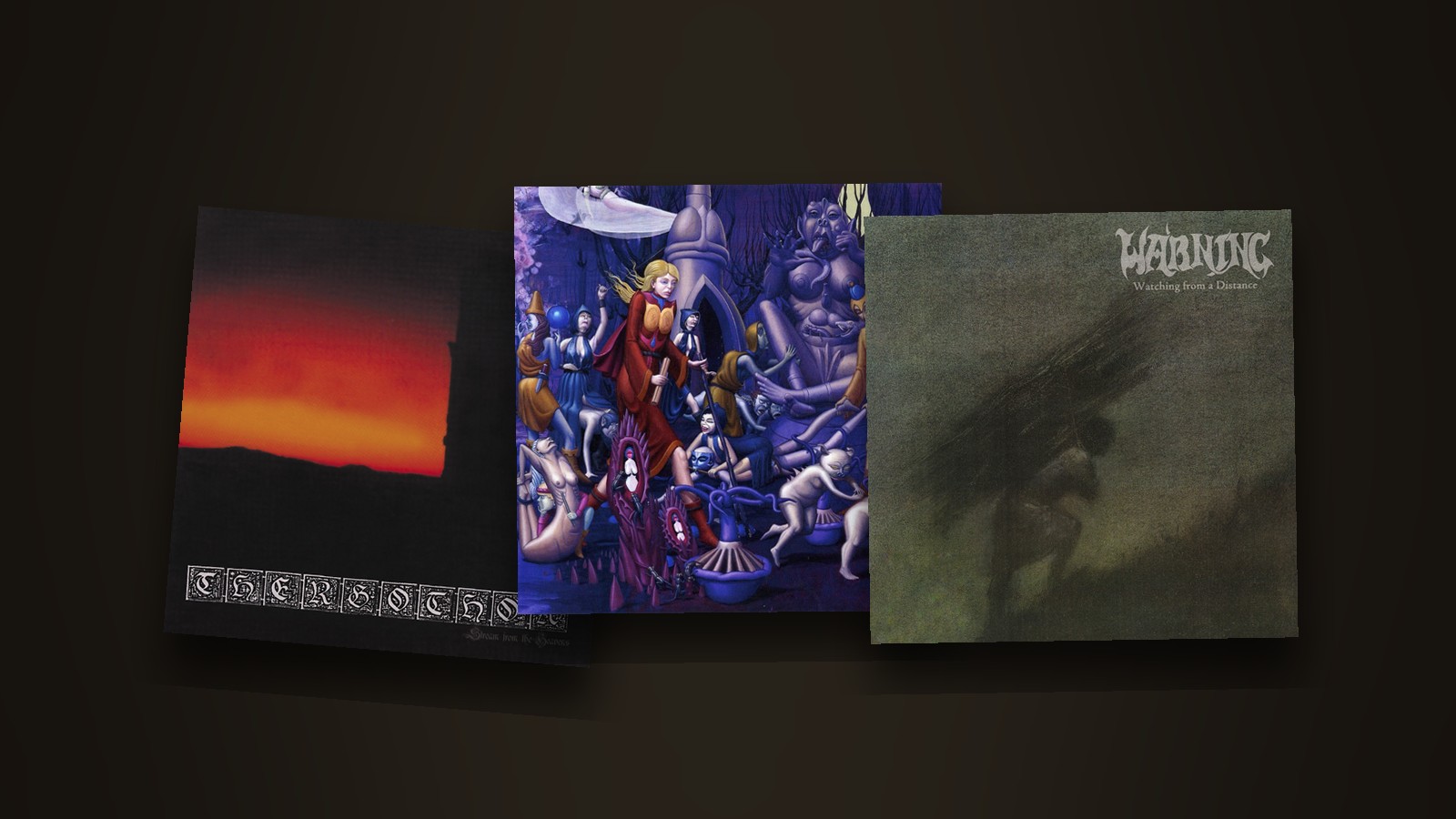 The sleeves of Stream from the Heavens by Thergothon, Forest of Equilibrium by Cathedral and Watching from a Distance by Warning laid side by side