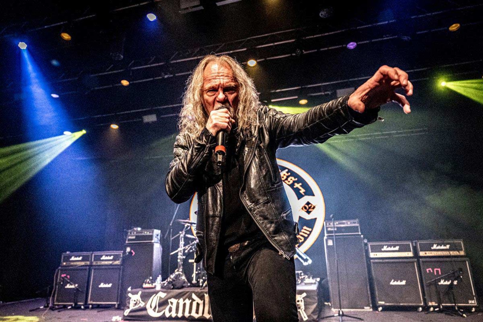 Johan Langqvist of Candlemass singing on stage at KKs Steel Mill in Wolverhampton in December 2025