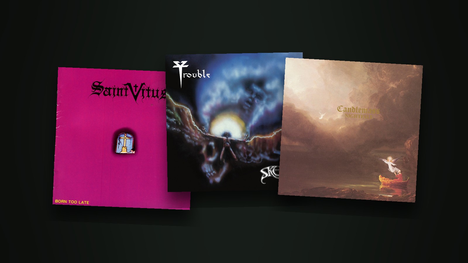 The sleeves of Born Too Late by Saint Vitus, The Skull by Trouble and Nightfall by Candlemass laid side by side