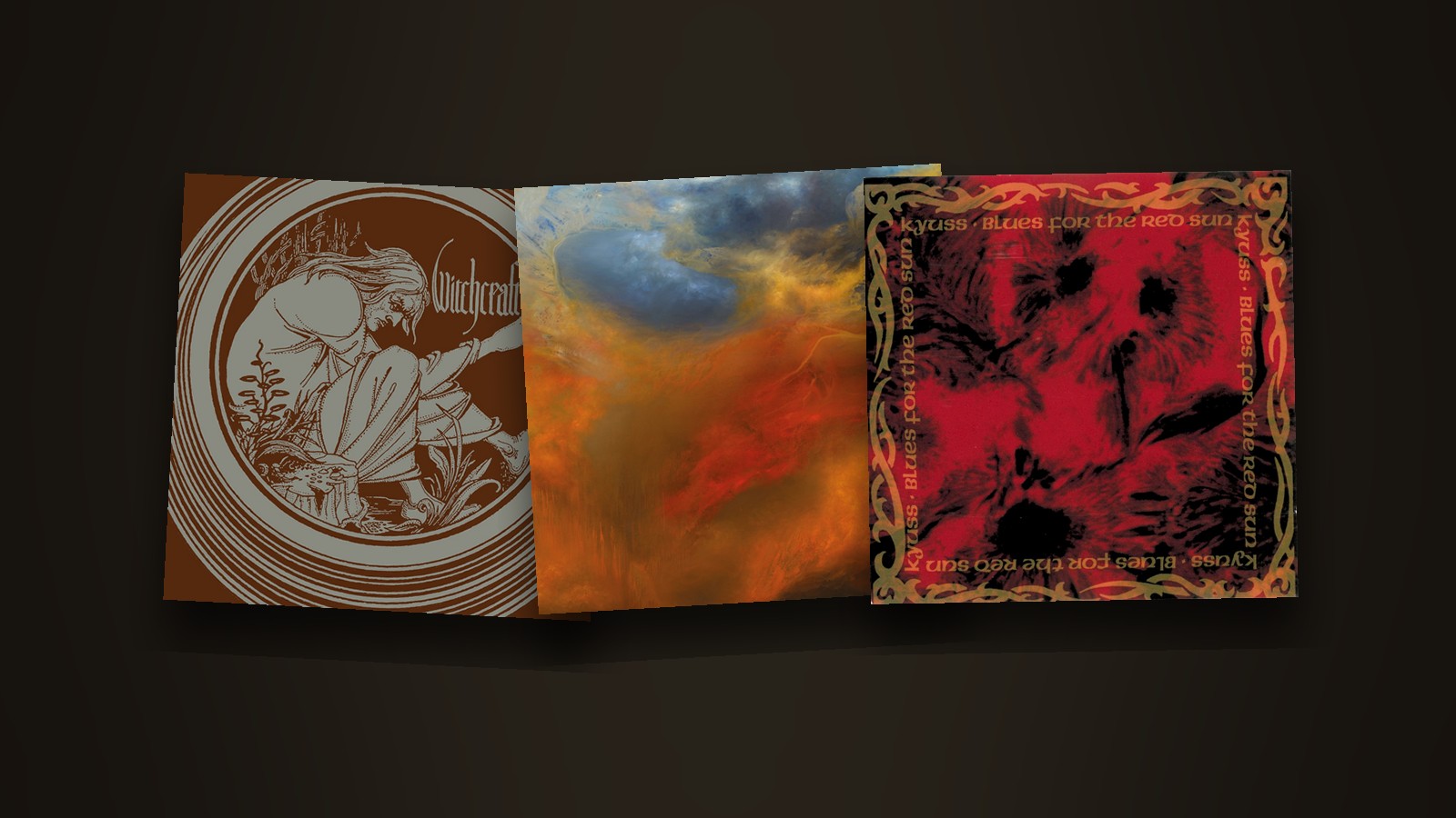 The sleeves of Witchcraft by Witchcraft, Life Metal by Sunn O))) and Blues for the Red Sun by Kyuss laid side by side