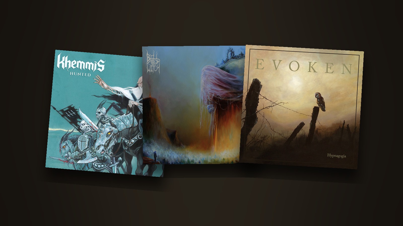 The sleeves of Hunted by Khemmis, Mirror Reaper by Bell Witch and Hypnagogia by Evoken laid side by side