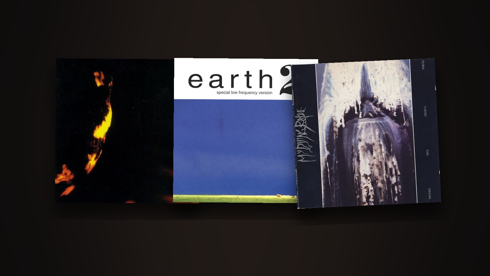 The sleeves of Stormcrowfleet by Skepticism, Earth 2 by Earth and Turn Loose the Swans by My Dying Bride laid side by side