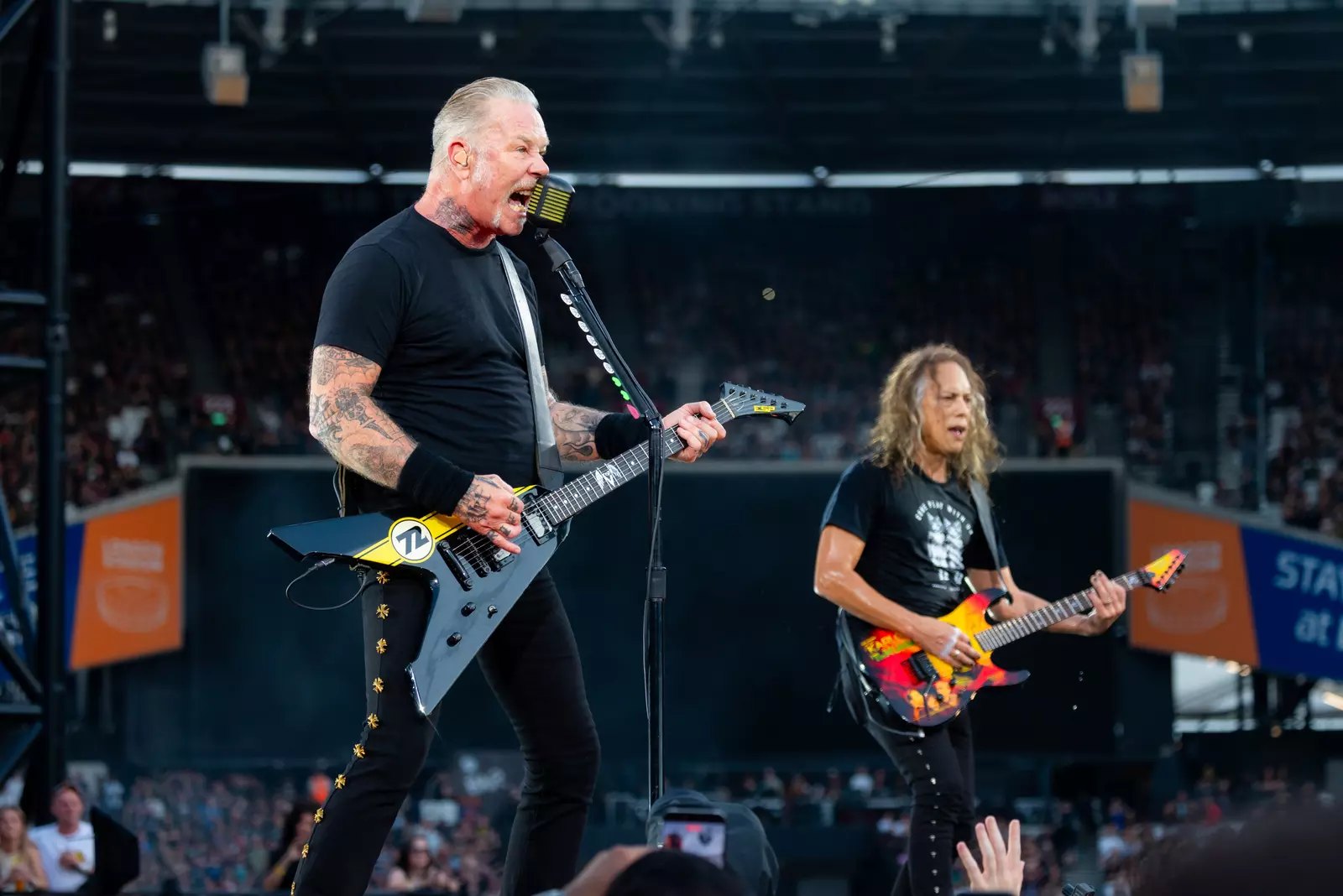 James Hetfield playing his Flying V with Metallica live in London, 5 July 2026. Photo: Brett Murray