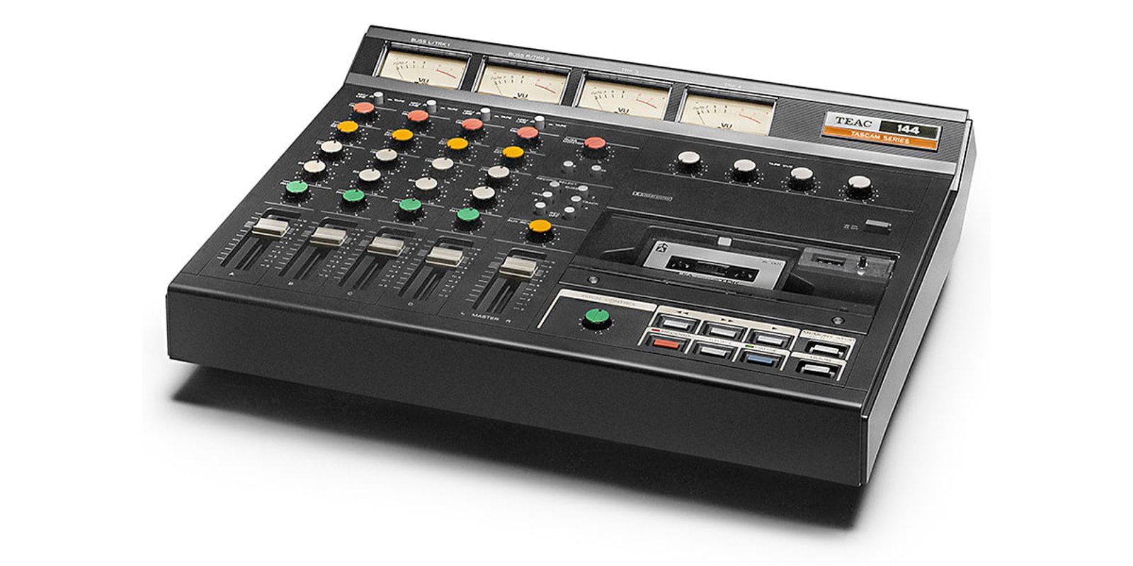 A TEAC 144 Portastudio, the four track cassette recorder of 1979, photographed against white