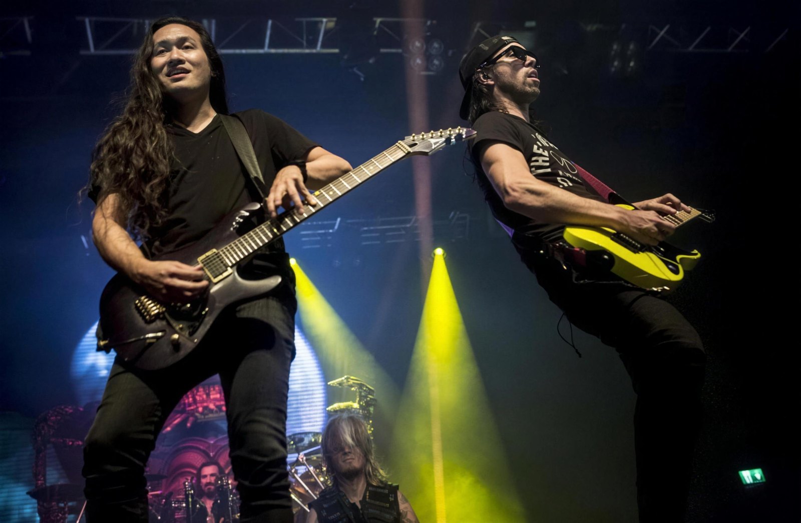 Herman Li and Sam Totman of DragonForce playing guitars live at the Forum, London, November 2019