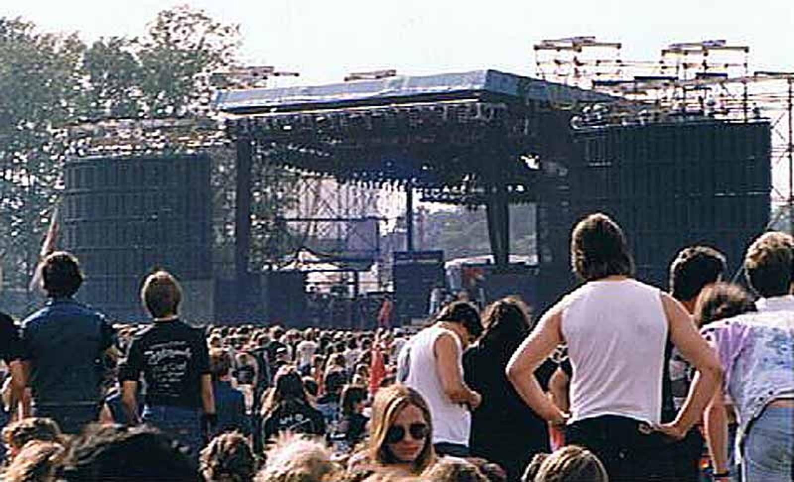 The crowd at Monsters of Rock, Donington, in August 1984, facing the empty stage rig between sets