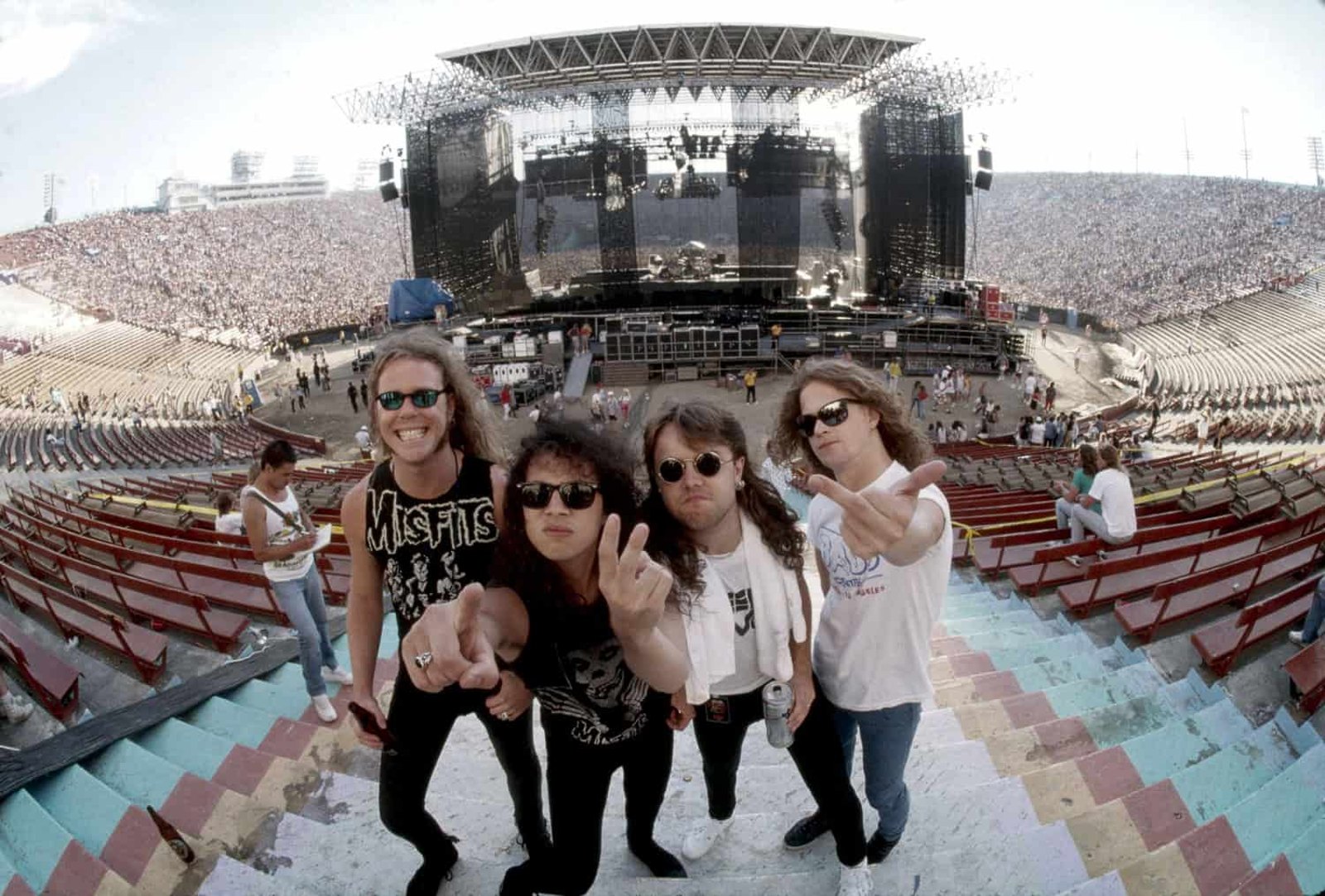 James Hetfield, Kirk Hammett, Lars Ulrich and Jason Newsted of Metallica backstage at a US stadium during the Monsters of Rock tour, 24 July 1988.