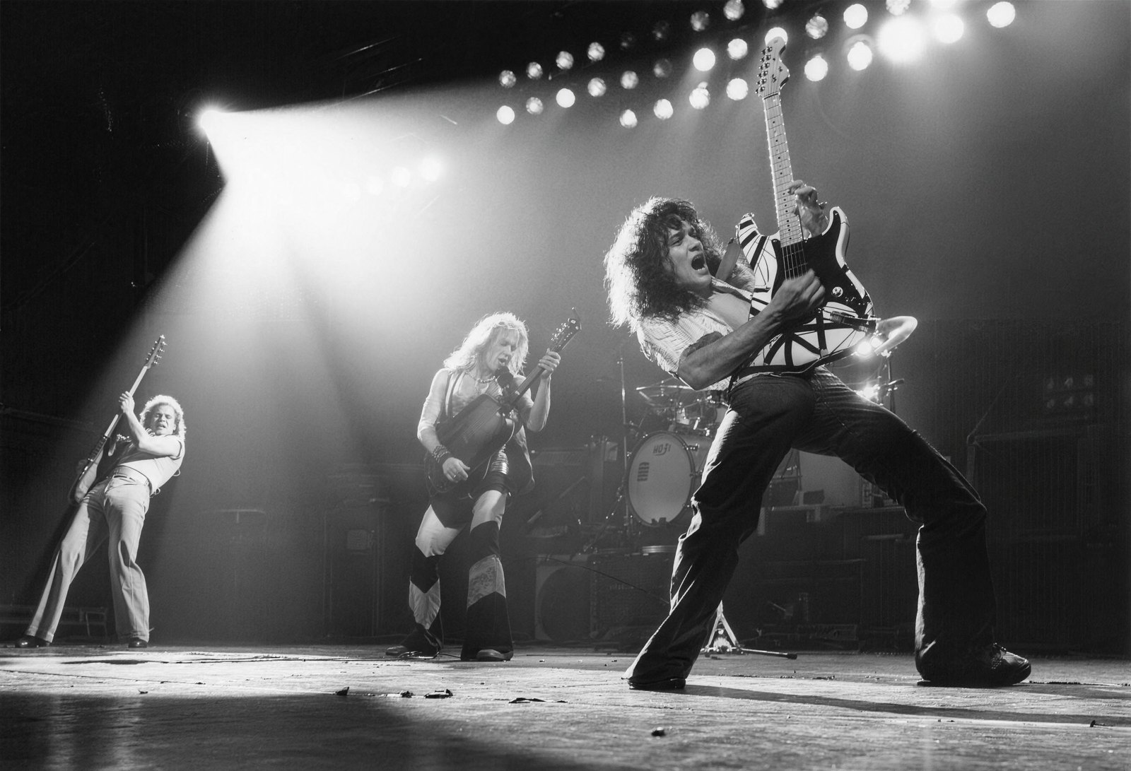 Van Halen live at the Rainbow Theatre, London, 22 October 1978: Eddie Van Halen playing his striped Frankenstrat, with David Lee Roth, Michael Anthony and Alex Van Halen