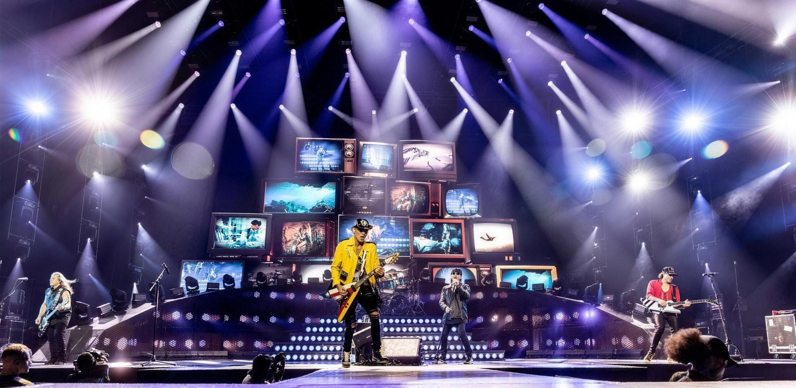 Scorpions performing live on the Rock Believer tour at OVO Arena Wembley, London, 8 June 2024, full band on stage beneath the video-wall backdrop