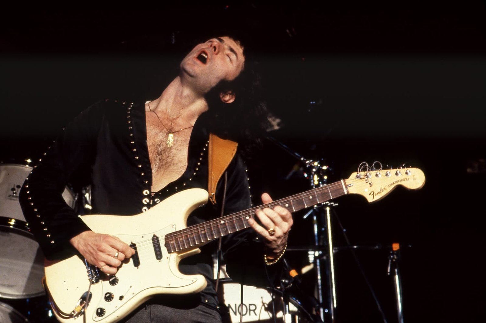Ritchie Blackmore playing his Fender Stratocaster onstage with Rainbow