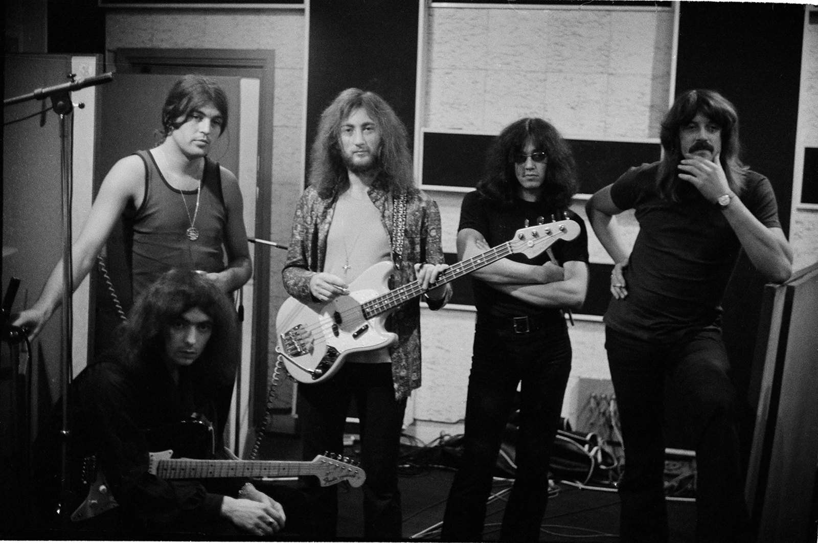 Deep Purple posed with their guitars and bass in a London recording studio in 1970: Ritchie Blackmore, Roger Glover, Ian Gillan, Jon Lord and Ian Paice