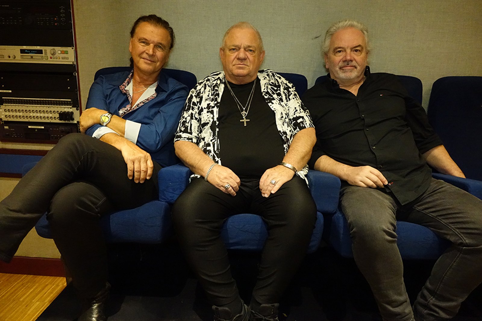 Peter Baltes, Udo Dirkschneider and Stefan Kaufmann in the control room at Dierks Studios, Stommeln, January 2025