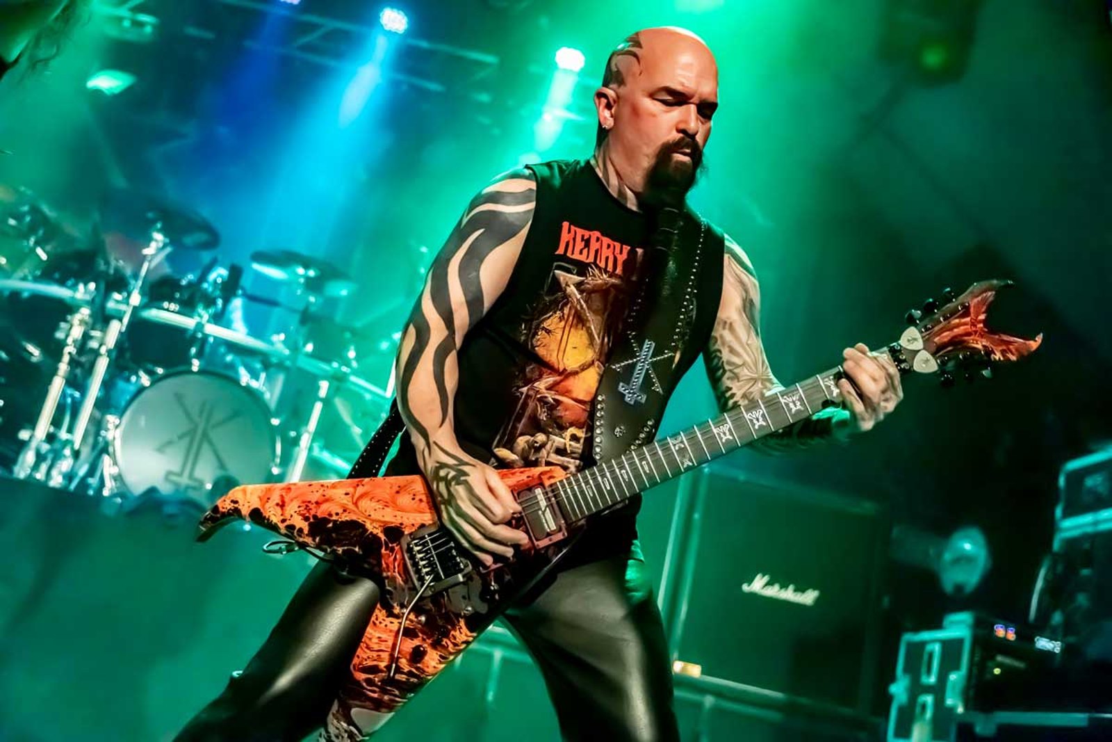 Kerry King of Slayer performing live at Electric Ballroom, Camden, London, 18 June 2024, his tattooed scalp and arms visible under the stage lights