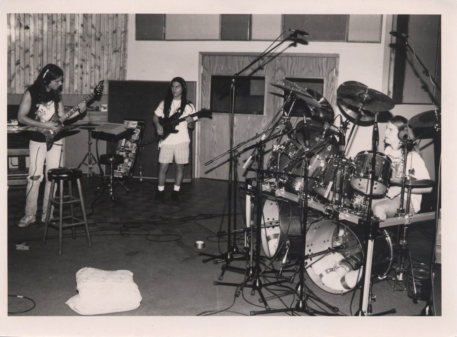 Chuck Schuldiner rehearsing with Paul Masvidal and Sean Reinert during the Human sessions, 1991