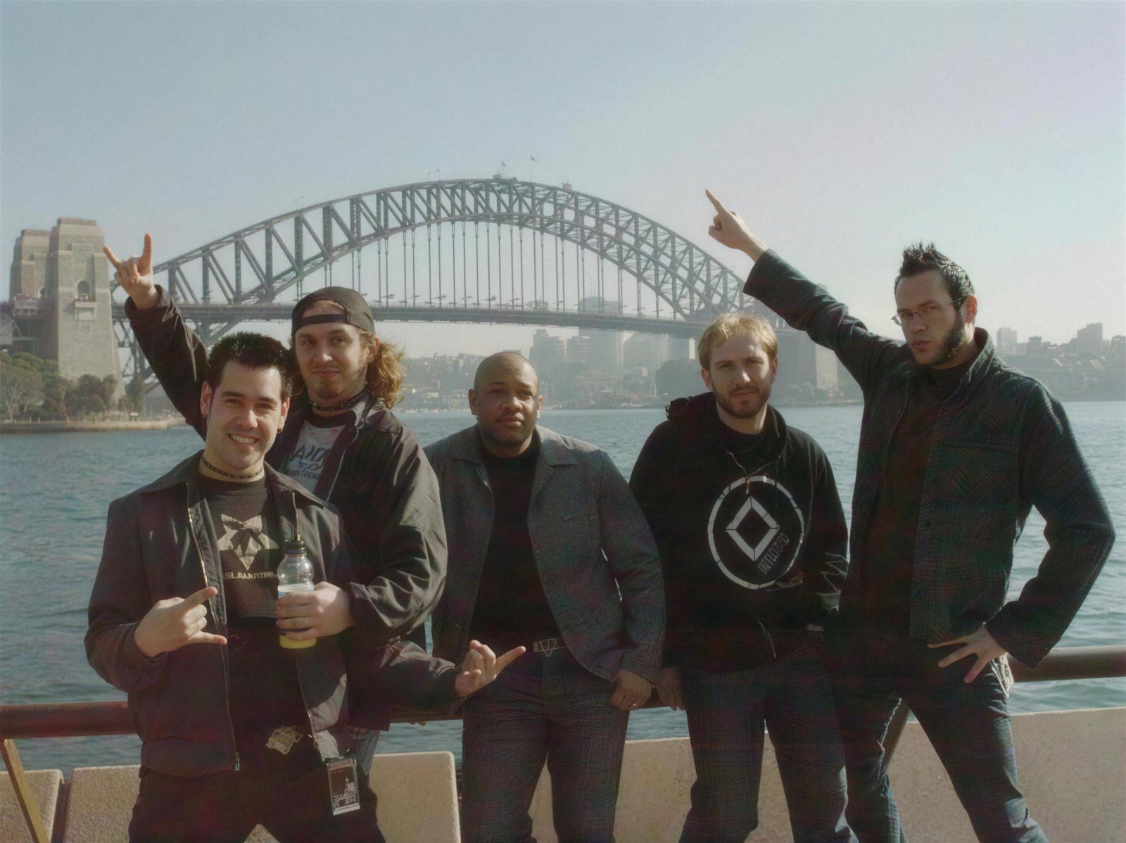 Killswitch Engage on the Sydney waterfront with the Harbour Bridge behind them, on their first Australian tour supporting Anthrax, April 2004