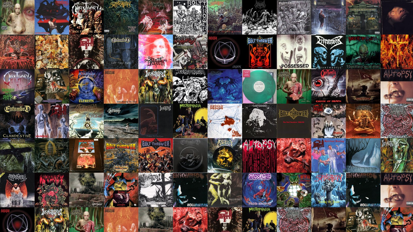 A grid of real death metal album sleeves from the bands whose names this article traces, including Death, Carcass, Obituary, Entombed, Sepultura, Bolt Thrower, Atheist, Deicide, Cryptopsy and Necrophagia.