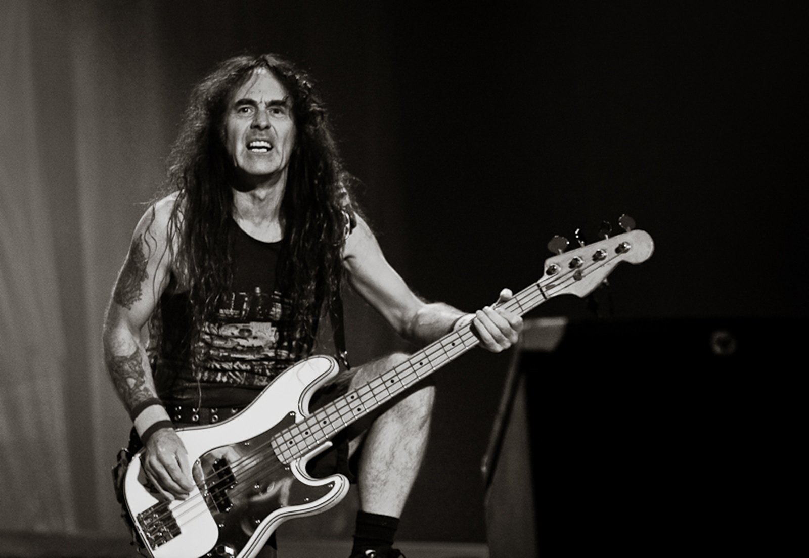 Steve Harris of Iron Maiden playing bass live at Nova Rock Festival, Nickelsdorf, Austria, 14 June 2014