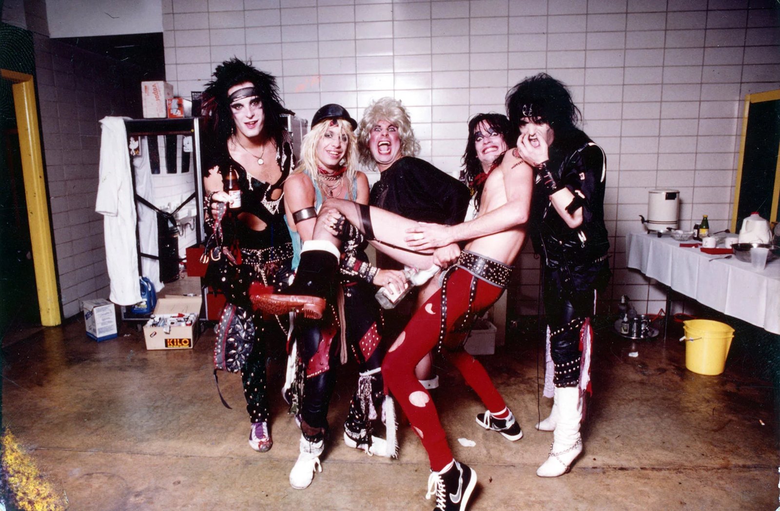 Mötley Crüe backstage with Ozzy Osbourne on the Bark at the Moon Tour, March 1984