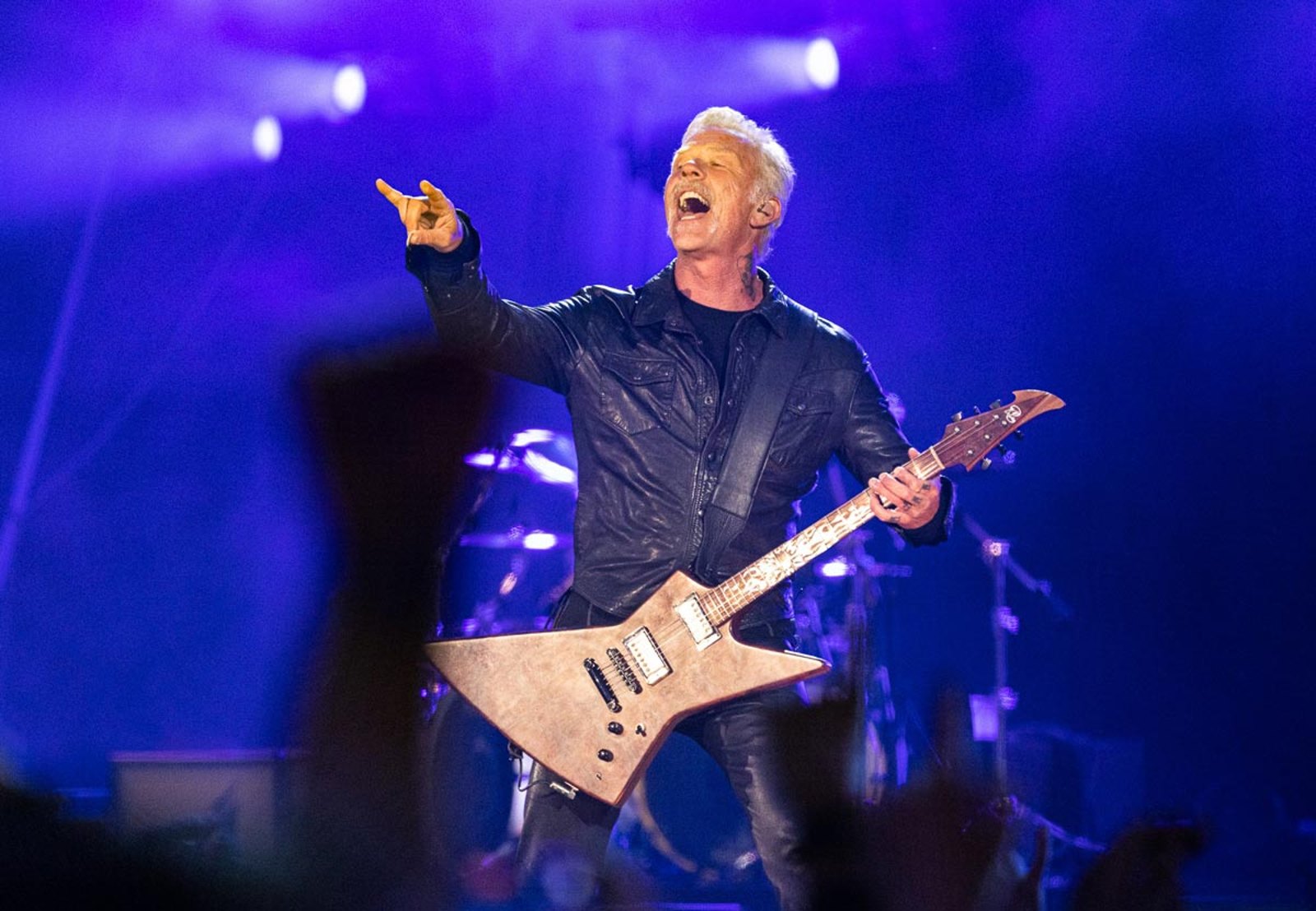 James Hetfield of Metallica pointing out into the crowd at Download in June 2023