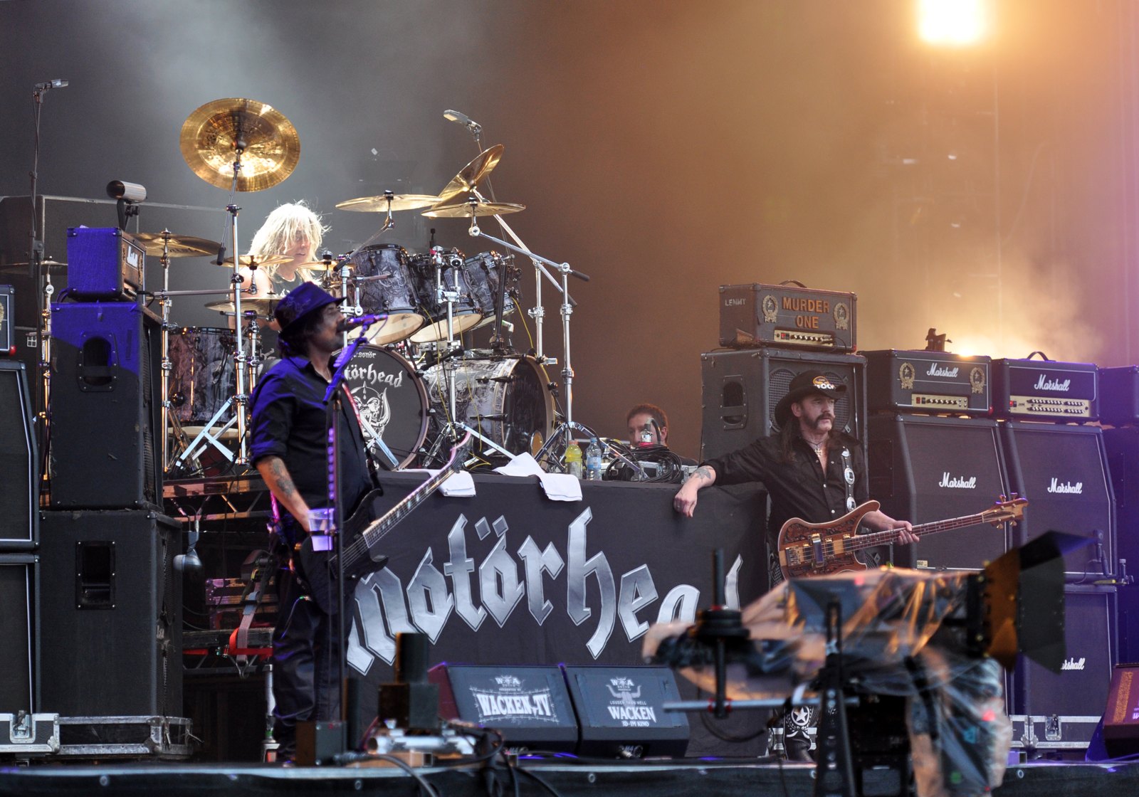 Motorhead on stage at Wacken in August 2013, Lemmy beside his Marshall head marked Murder One above a wall of cabinets