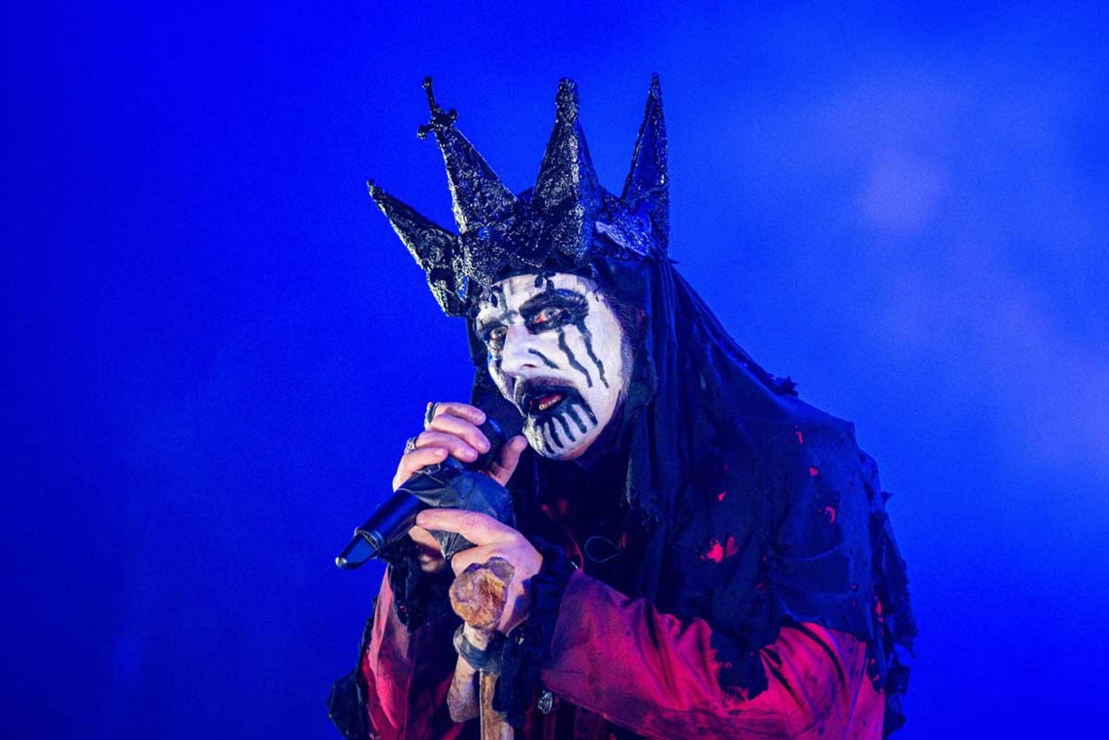 King Diamond of Mercyful Fate singing at Bloodstock Open Air in August 2022, in crown and corpse paint