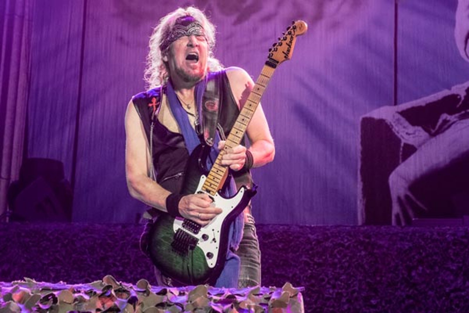 Adrian Smith of Iron Maiden playing guitar at The O2 Arena, London, 2018. Photo: Steve Ritchie