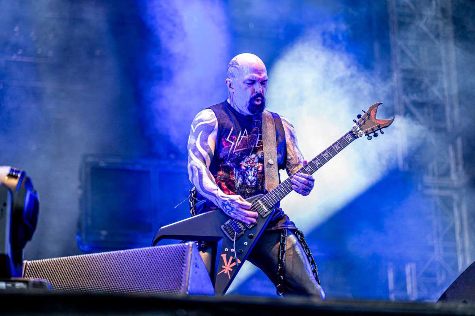 Kerry King of Slayer playing guitar live at Blackweir Fields, Cardiff, Wales, July 2025, fretting hand gripping the neck