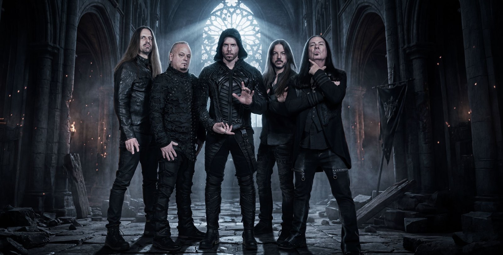 The five members of Kamelot standing together in a candlelit gothic interior for an official band portrait