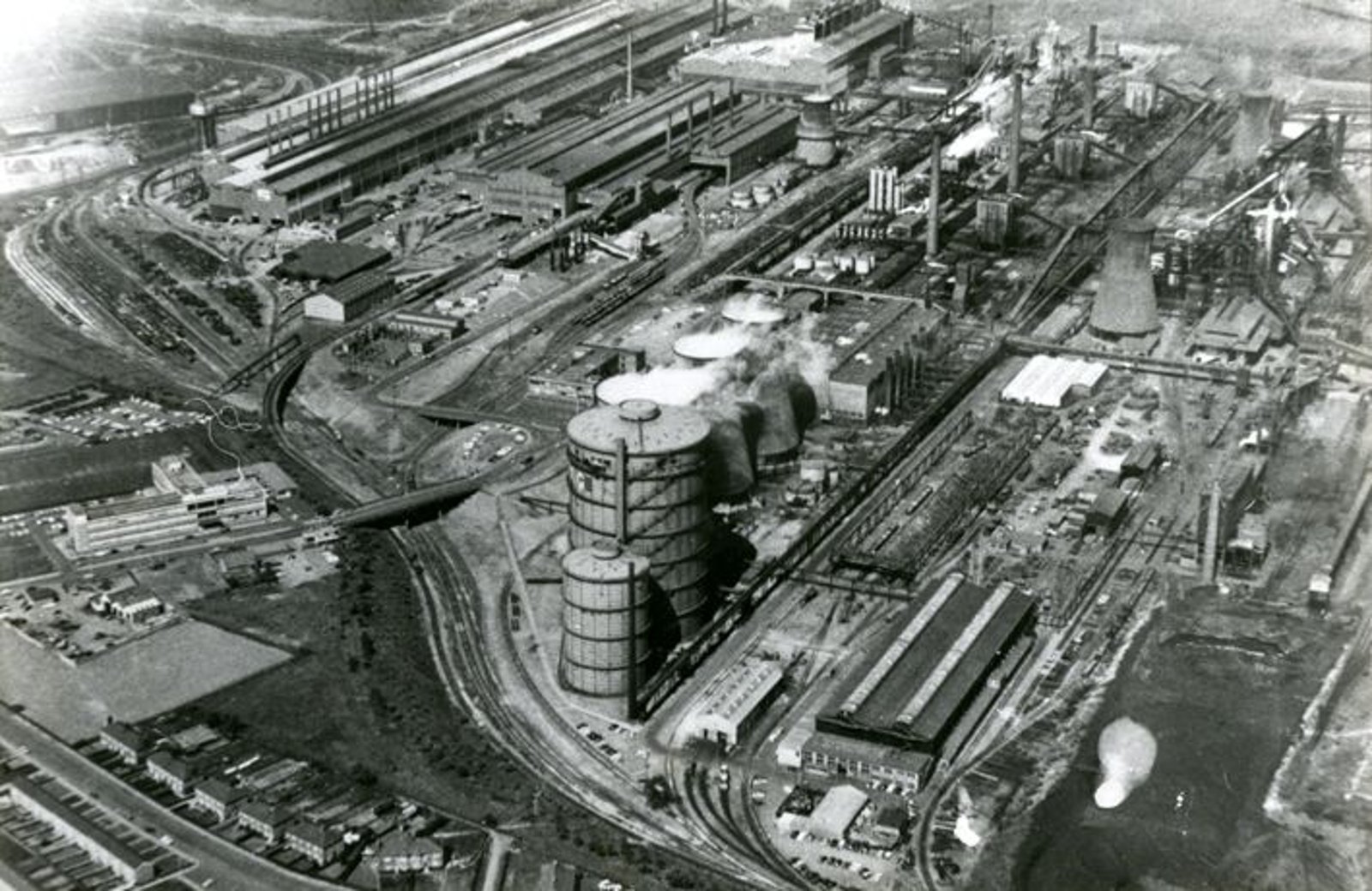 An aerial view of the Ravenscraig steelworks at Motherwell in the 1960s, rolling mills and blast furnaces across the whole site